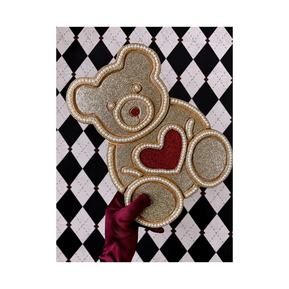 Large Glitter and Pearl Teddy Bear Decor Red Love Heart Wooden Sculpture 12"